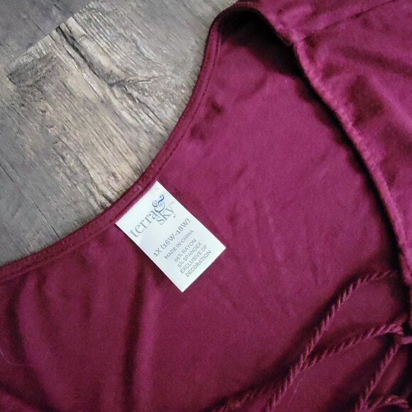 Terra & Sky Dark Purple 3/4 Sleeve Boho Top with Drawstring Tassel Ties Size 1X - Picture 3 of 5